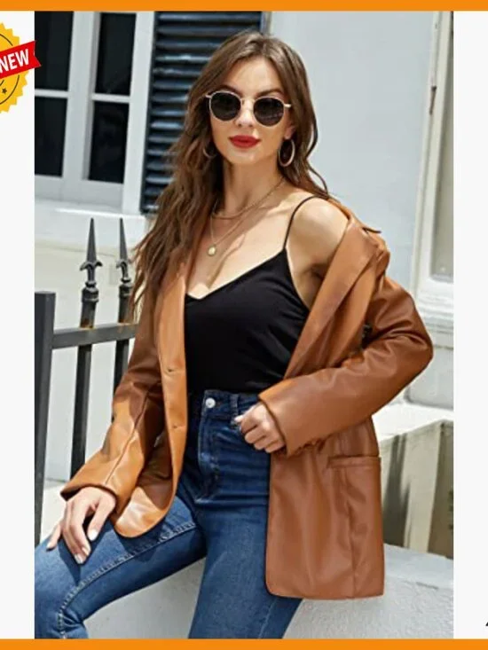 Faux Leather Blazer Jacket Lapel Button Down Coat Women's Regular Fit - Picture 4 of 7